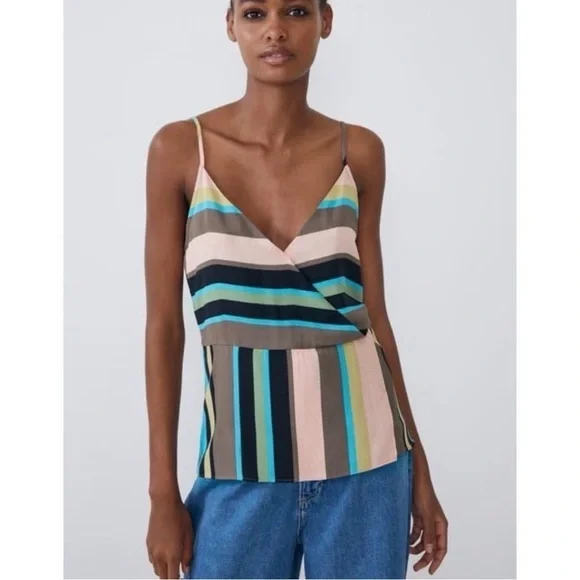 NWT Zara Colorful Striped Wrap Peplum Cami Tank Top Blouse XS V-Neck Open Back - Picture 2 of 13